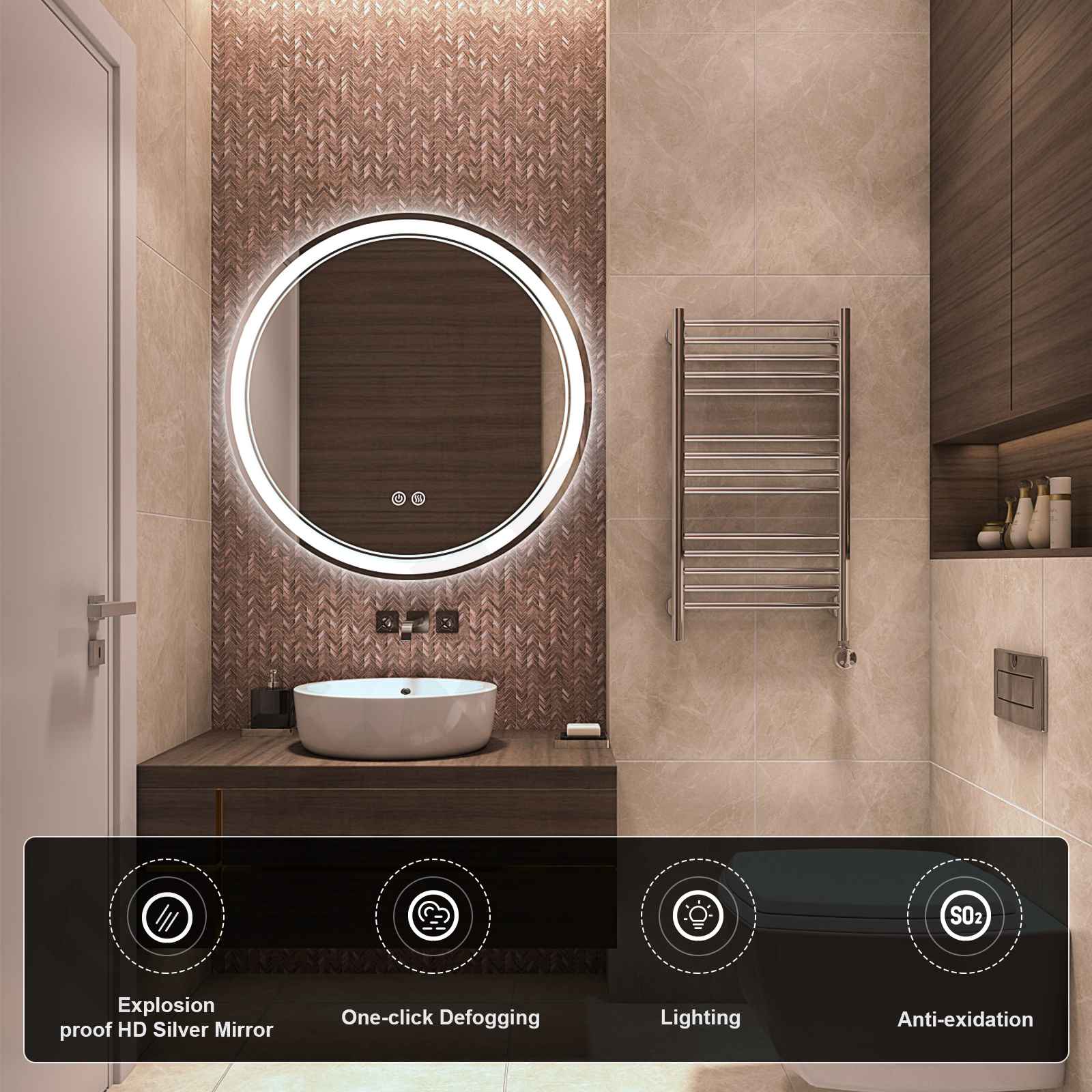 Hot sale Front light +Backlit Decorative Round LED Bathroom Mirror with multi-functions